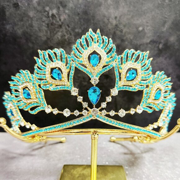 Gold Crystal Crown, Peacock Crown, Blue Crystal Tiara, Homecoming Prom Headpiece - Picture 8 of 8